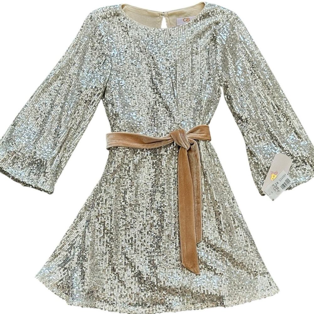 GB Girls Gold Sequin Holiday Party Dress Velvet Sash 6X NWT